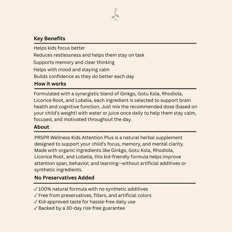 PRSPR Wellness Kids Attention Plus - Herbal Supplement for Enhanced Focus & Attention
