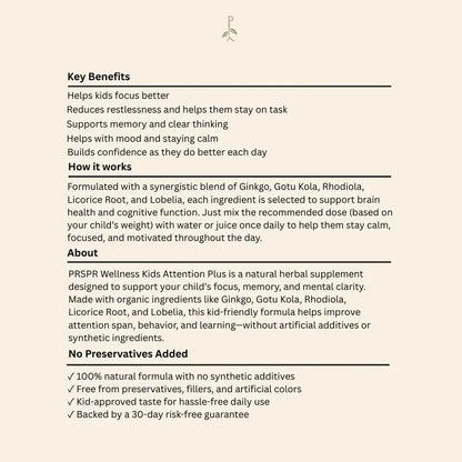 PRSPR Wellness Kids Attention Plus - Herbal Supplement for Enhanced Focus & Attention